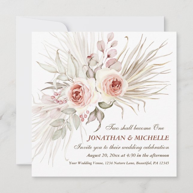 Elegant Boho Pink Blush Floral Christian Wedding Invitation (Front)