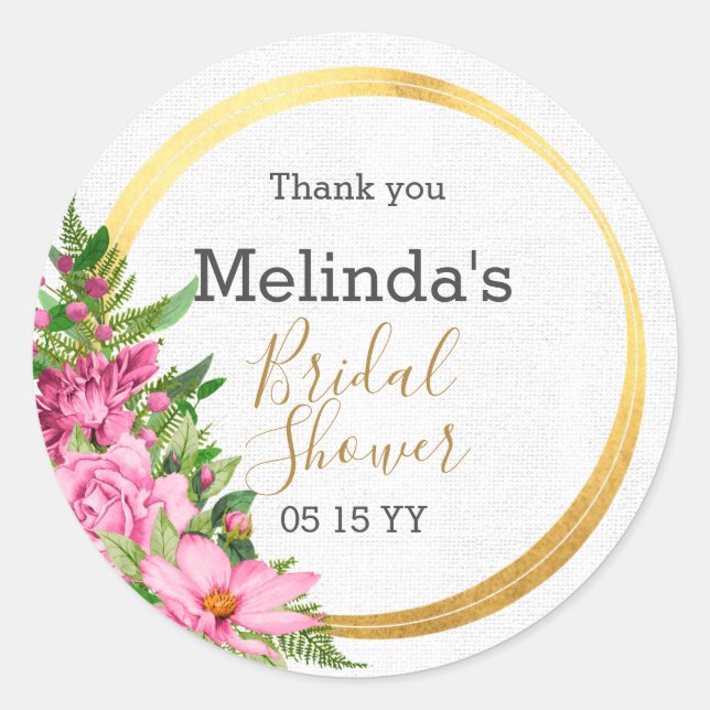 Elegant Boho Pink Floral Bridal Shower Favour Classic Round Sticker (Front)