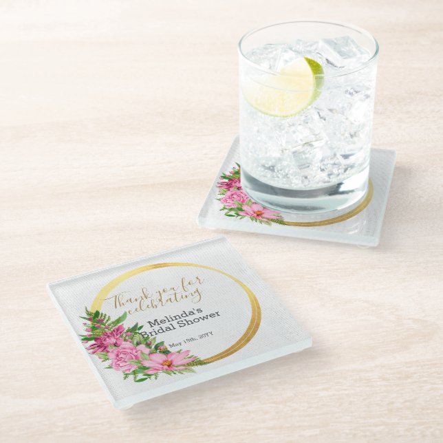 Elegant Boho Pink Floral Bridal Shower Favour Glass Coaster (Angled)