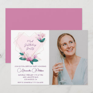 Elegant Boho Pink Floral Photo 43rd birthday Invitation