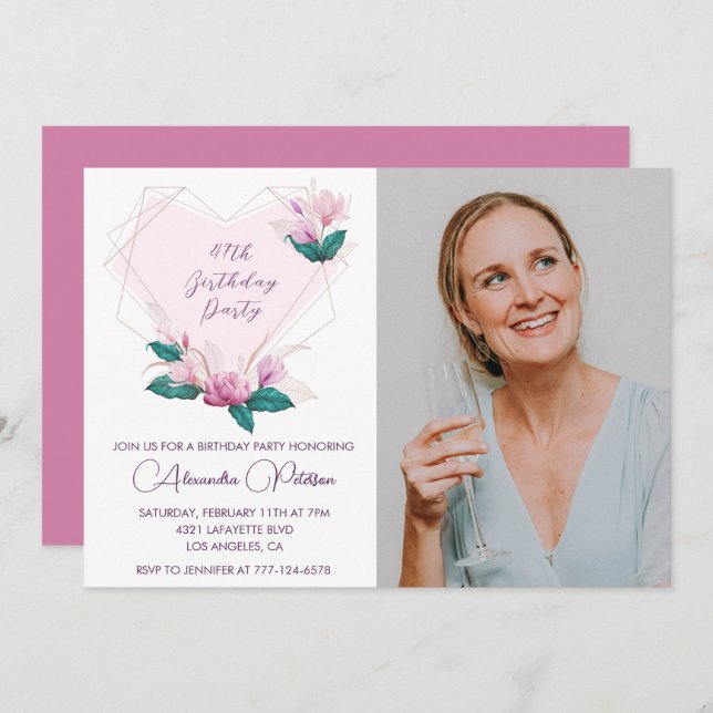 Elegant Boho Pink Floral Photo 47th birthday Invitation (Front/Back)