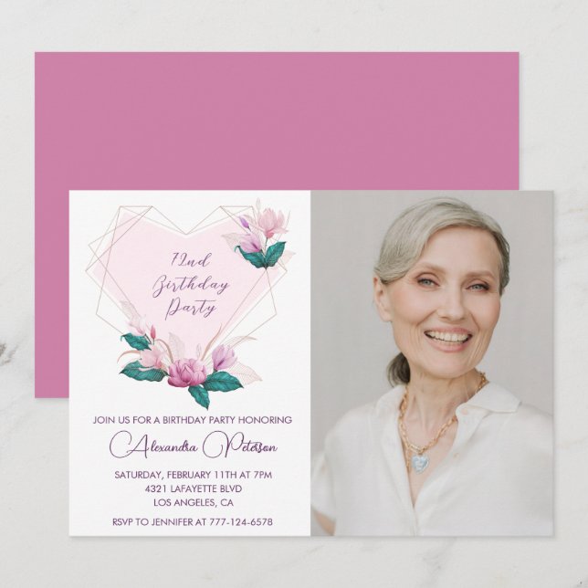 Elegant Boho Pink Floral Photo 72nd birthday Invitation (Front/Back)