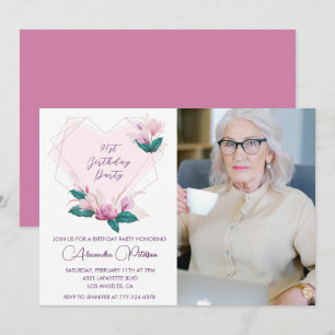 Elegant Boho Pink Floral Photo 91st birthday Invitation