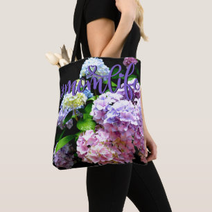Elegant boho pink purple blue florals hydrangeas tote bag