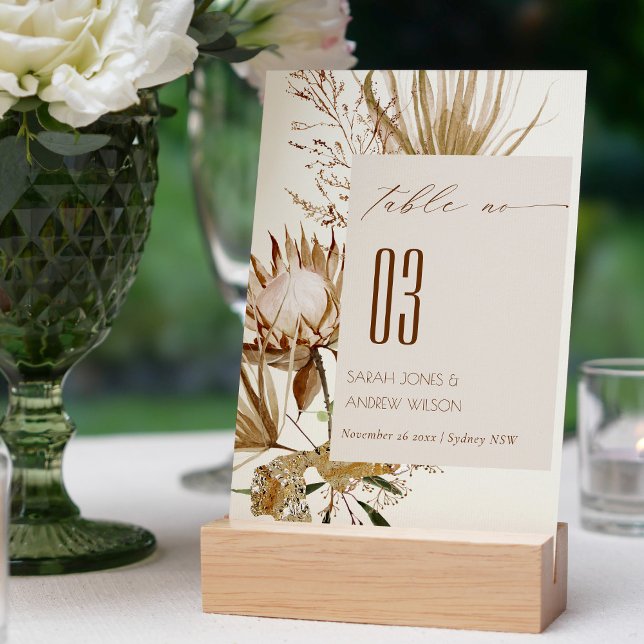 Elegant Boho Protea Ivory Dry Palm Floral Wedding Table Number (Creator Uploaded)