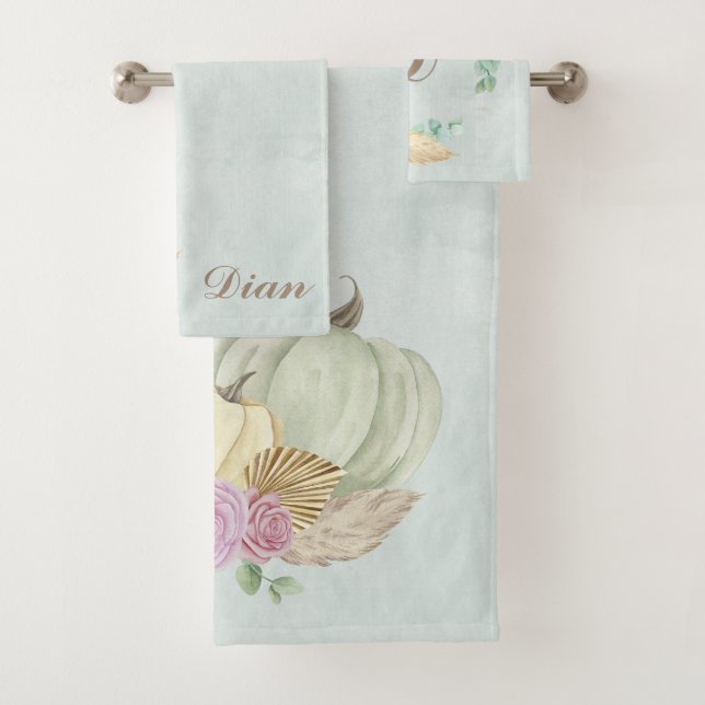 Elegant Boho Pumpkin pampas grass Personalized  Bath Towel Set (Insitu)