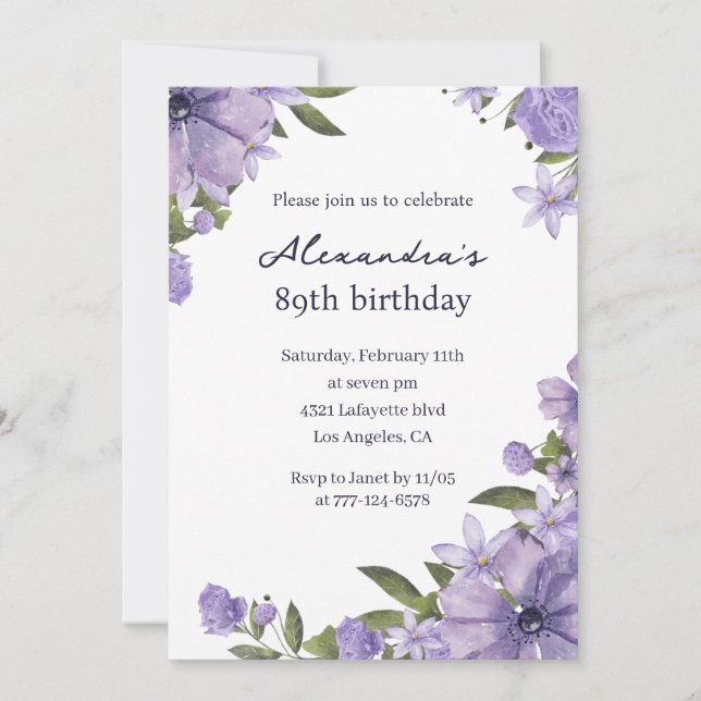 Elegant Boho purple Floral 89th birthday Invitation (Front)