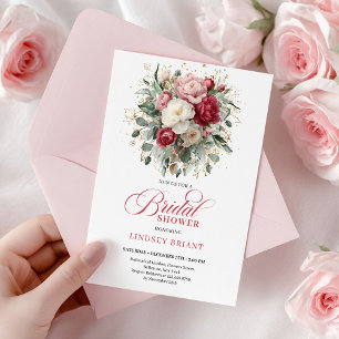 Elegant Boho Red Blush Gold Floral Bridal Shower Invitation
