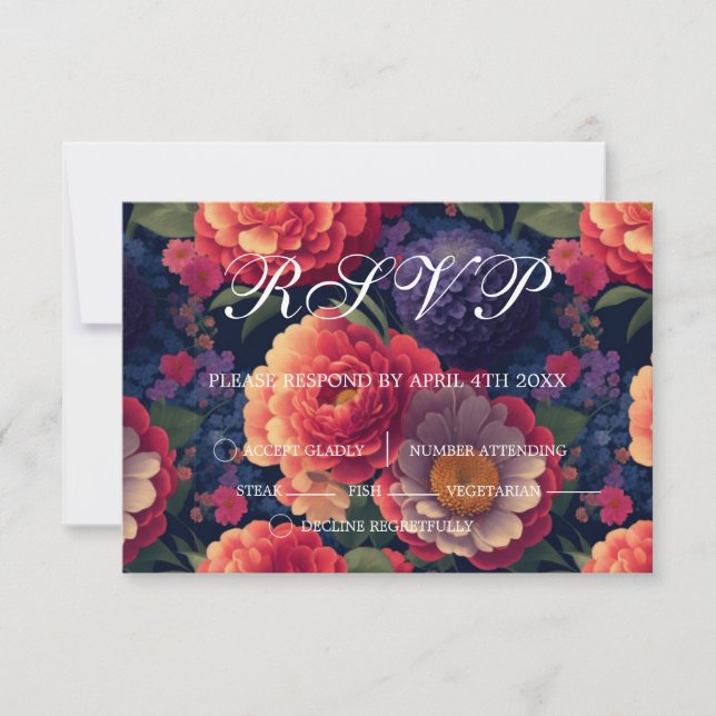 Elegant boho red orange purple floral RSVP card (Front)