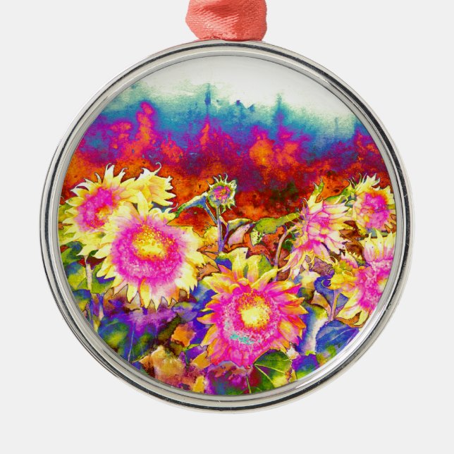 Elegant boho retro sunflowers pink yellow flowers metal ornament (Front)
