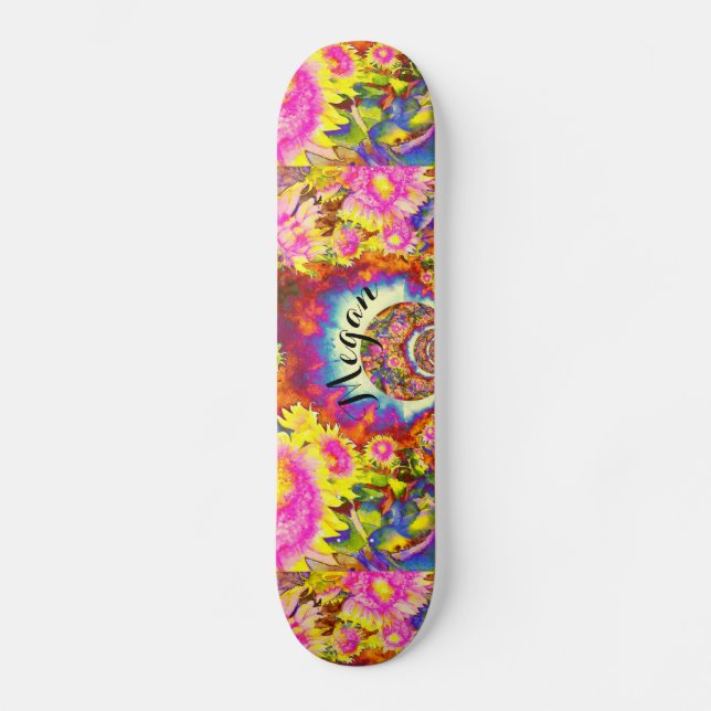 Elegant boho retro sunflowers pink yellow flowers skateboard (Front)