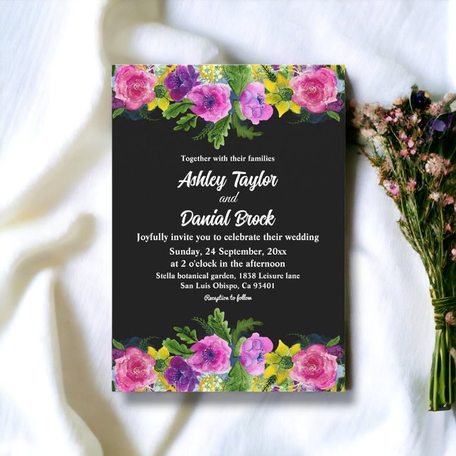 Elegant Boho Romantic Flowers Black Floral Wedding Invitation (Creator Uploaded)