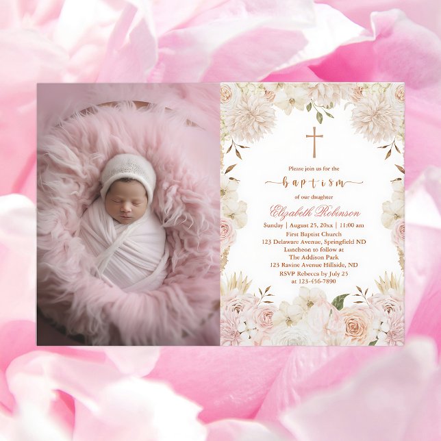 Élégant Boho rose floral Baptême Photo Invitation (Créateur téléchargé)
