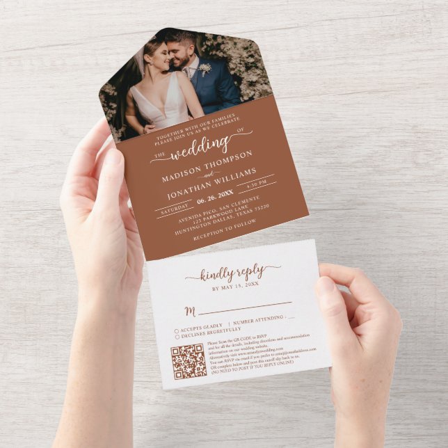 Elegant Boho RSVP QR Code Terracotta Wedding All In One Invitation (Tearaway)
