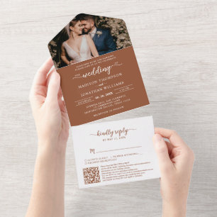 Elegant Boho RSVP QR Code Terracotta Wedding All In One Invitation