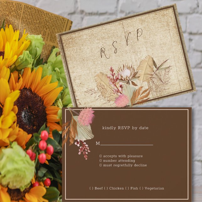 Elegant Boho, Rustic Cream & Brown Background  RSVP Card (Creator Uploaded)