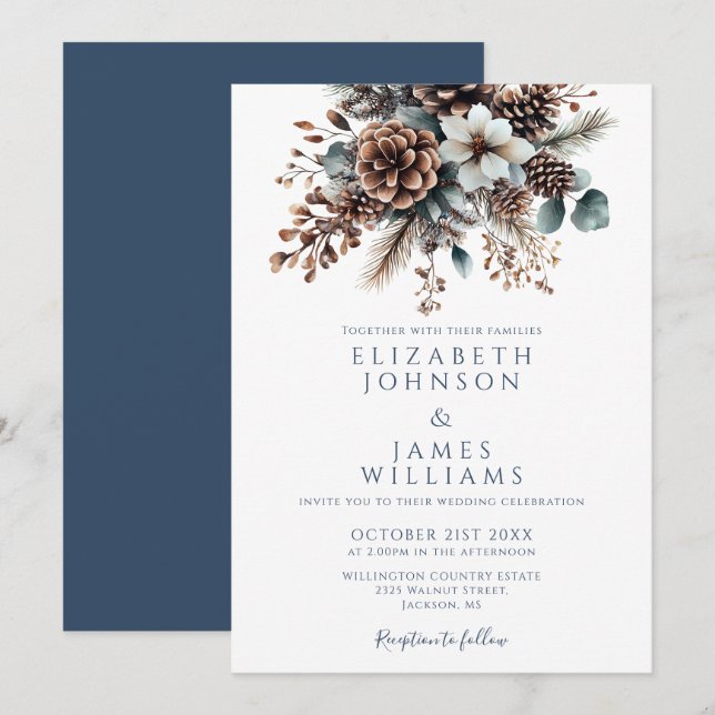 Elegant Boho Rustic Floral Pinecone Wedding Invitation (Front/Back)