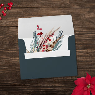 Elegant Boho Rustic Pampas & Pine Green Tan Red Envelope
