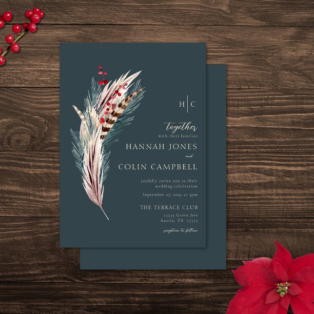 Elegant Boho Rustic Pampas & Pine Green Tan Red Invitation (Creator Uploaded)