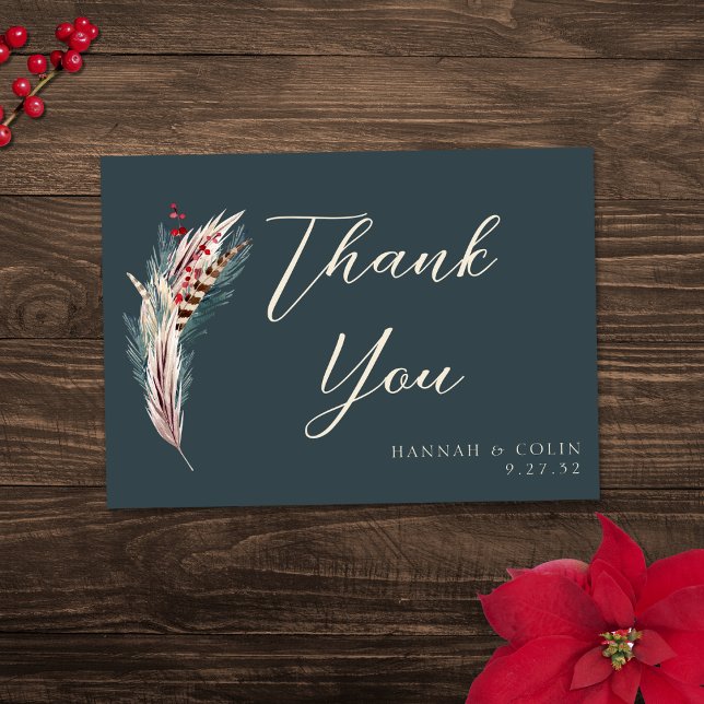 Elegant Boho Rustic Pampas & Pine Green Tan Red Thank You Card (Creator Uploaded)
