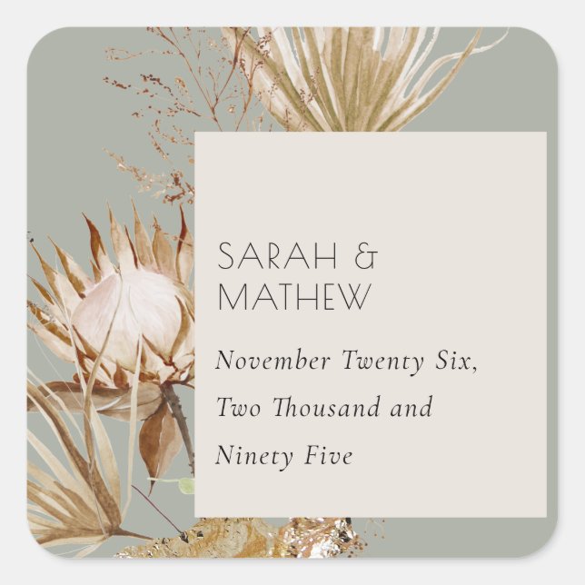 Elegant Boho Saga Green Protea Dried Palm Floral Square Sticker (Front)