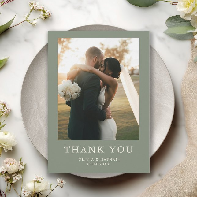 Elegant Boho Sage Green Photo Wedding Thank You Card (Creator Uploaded)