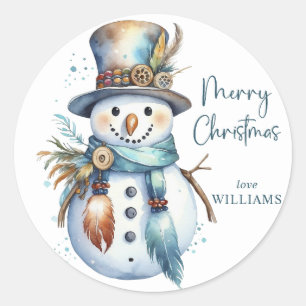 Elegant Boho Snowman Merry Christmas Holiday Classic Round Sticker