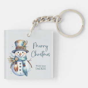 Elegant Boho Snowman Merry Christmas Holiday Keychain