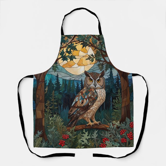 Elegant boho stain glass owl woodland forest apron (Front)