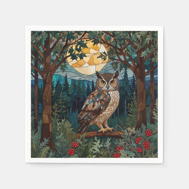 Elegant boho stain glass owl woodland forest napkin (Front)