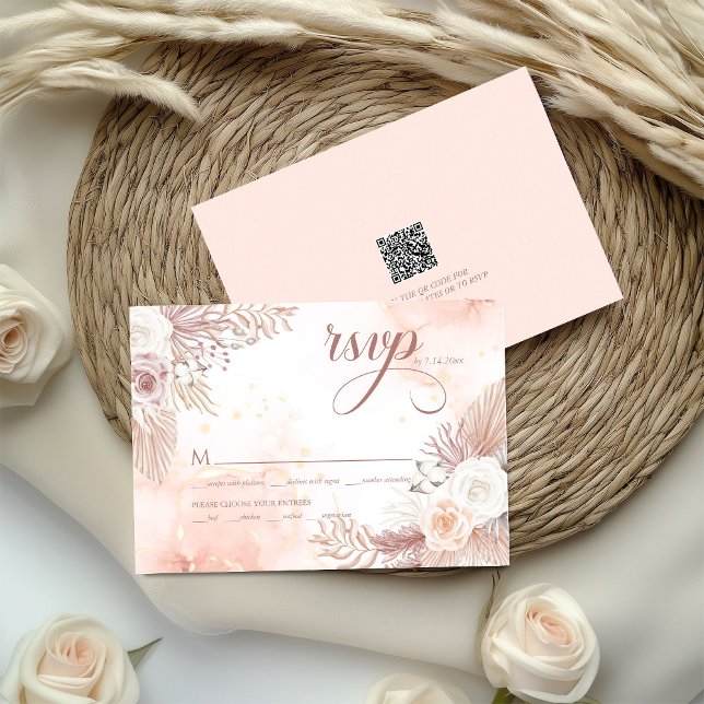 Elegant Boho Style Pink Rose Floral QR code RSVP Card (Creator Uploaded)