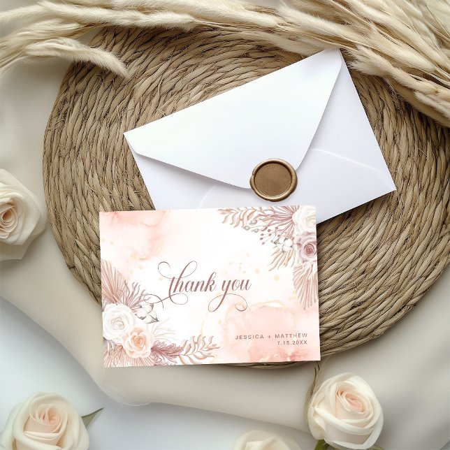 Elegant Boho Style Pink Rose Floral  Thank You Card (Creator Uploaded)