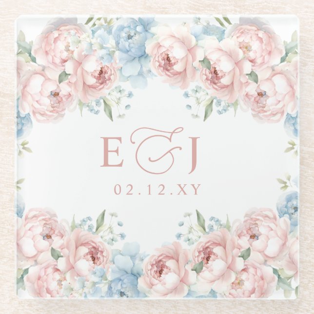 Elegant Boho Summer Spring Blush Floral Wedding Glass Coaster (Front)