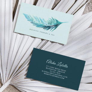 Elegant Boho Teal & Aqua Blue Watercolor Feather Business Card