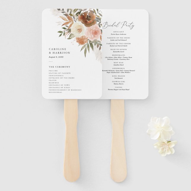 Elegant Boho Terracotta Floral Wedding Program Hand Fan (Front and Back)