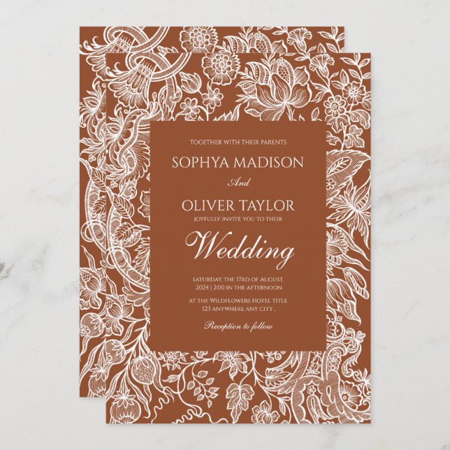 Elegant Boho Terracotta Line Art Wildflower  Invitation (Front/Back)