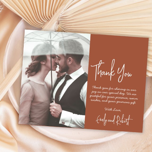 Elegant Boho Terracotta Script Photo Wedding Thank You Card (Creator Uploaded)