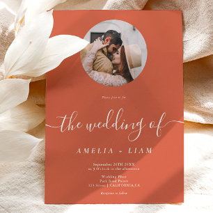 Elegant boho terracotta white photo script wedding invitation