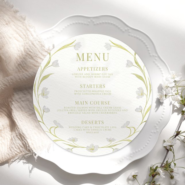 Elégant Boho Tulips Floral Mariage Round Flat Menu (Créateur téléchargé)