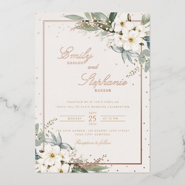 Elegant Boho Watercolor Floral Black Gold Wedding (Front)