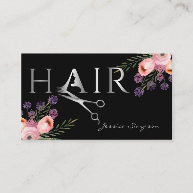 Elegant boho watercolor floral scissors appointment card (Front)