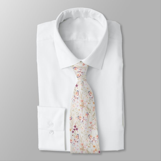 Elegant Boho Watercolor Flower Butterfly Off White Tie (Tied)
