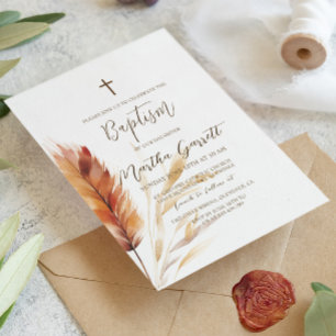 Elegant Boho Watercolor Pampas Fall Girl Baptism Invitation