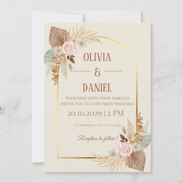 Elegant Boho Wedding Invitation - Modern Gold Arch (Front)