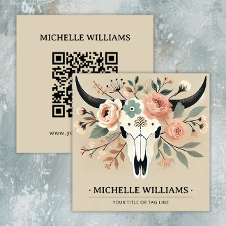 Elegant Boho Western Bull Cow Skull with QR Code Square Business Card