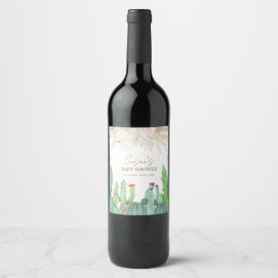 Elegant Boho Western Cactus Arch Baby Shower Wine Label