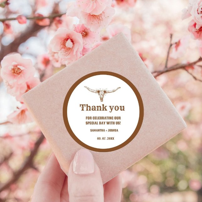 Elegant Boho Western Cowboy Wedding Thank you Classic Round Sticker (Creator Uploaded)