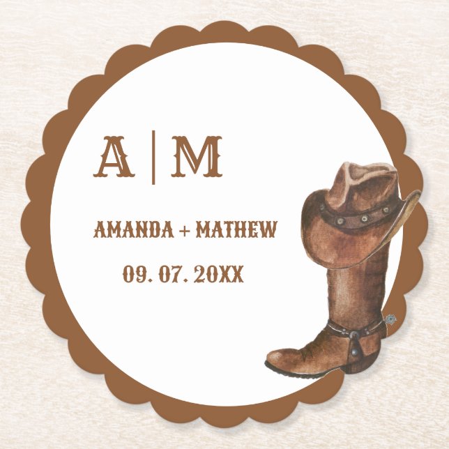 Elegant Boho Western Cowboy Wedding Thank you Paper Coaster (Front)