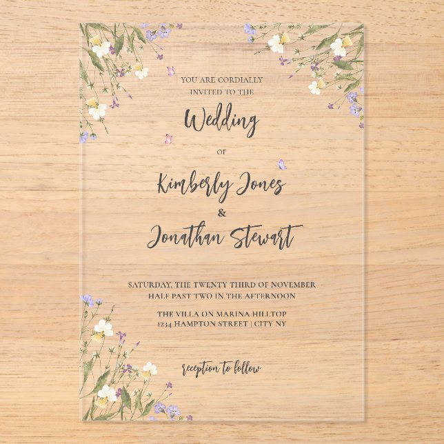 Elegant Boho Whimsical wildflowers Wedding Acrylic Invitations (Front)