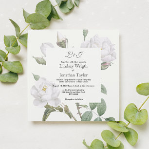 Elegant boho white green rose floral Wedding Invitation